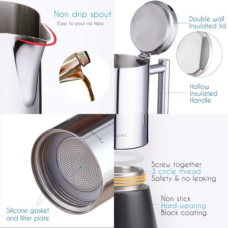 Easyworkz Diego Stovetop Espresso Maker Stainless Steel Italian Coffee Machine Maker 6Cup 10 oz Moka Pot Induction Espresso Pot - Image 4
